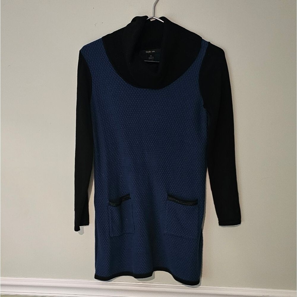 Tunic Knit Pullover Sweater Dress with Cowl Neck Pockets Teal/Black. Sz XS